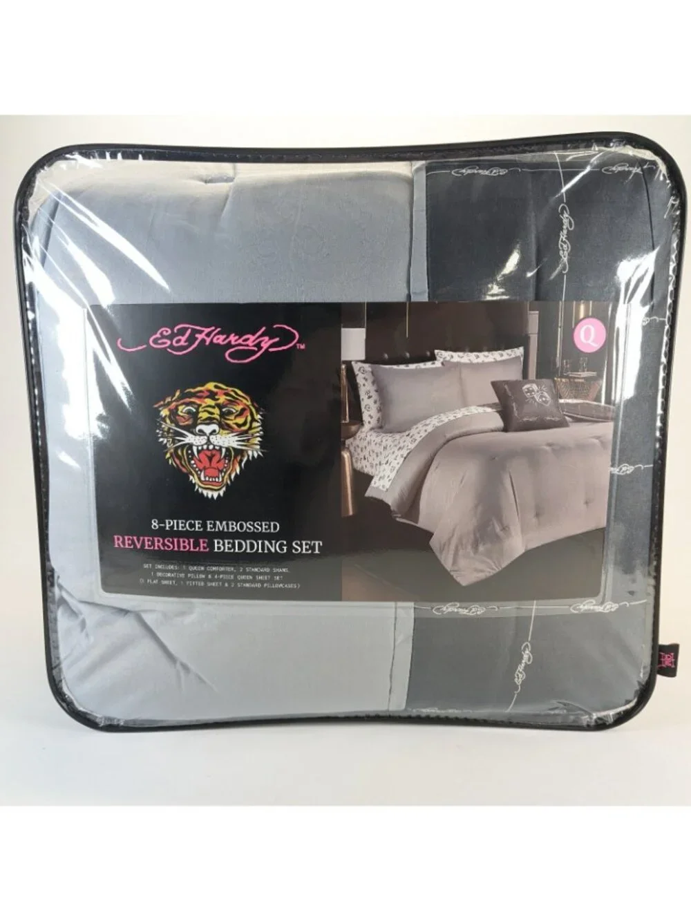 Ed Hardy Queen Comforter Bed Set w Shams Pillow Sheets Black White Dice Skull